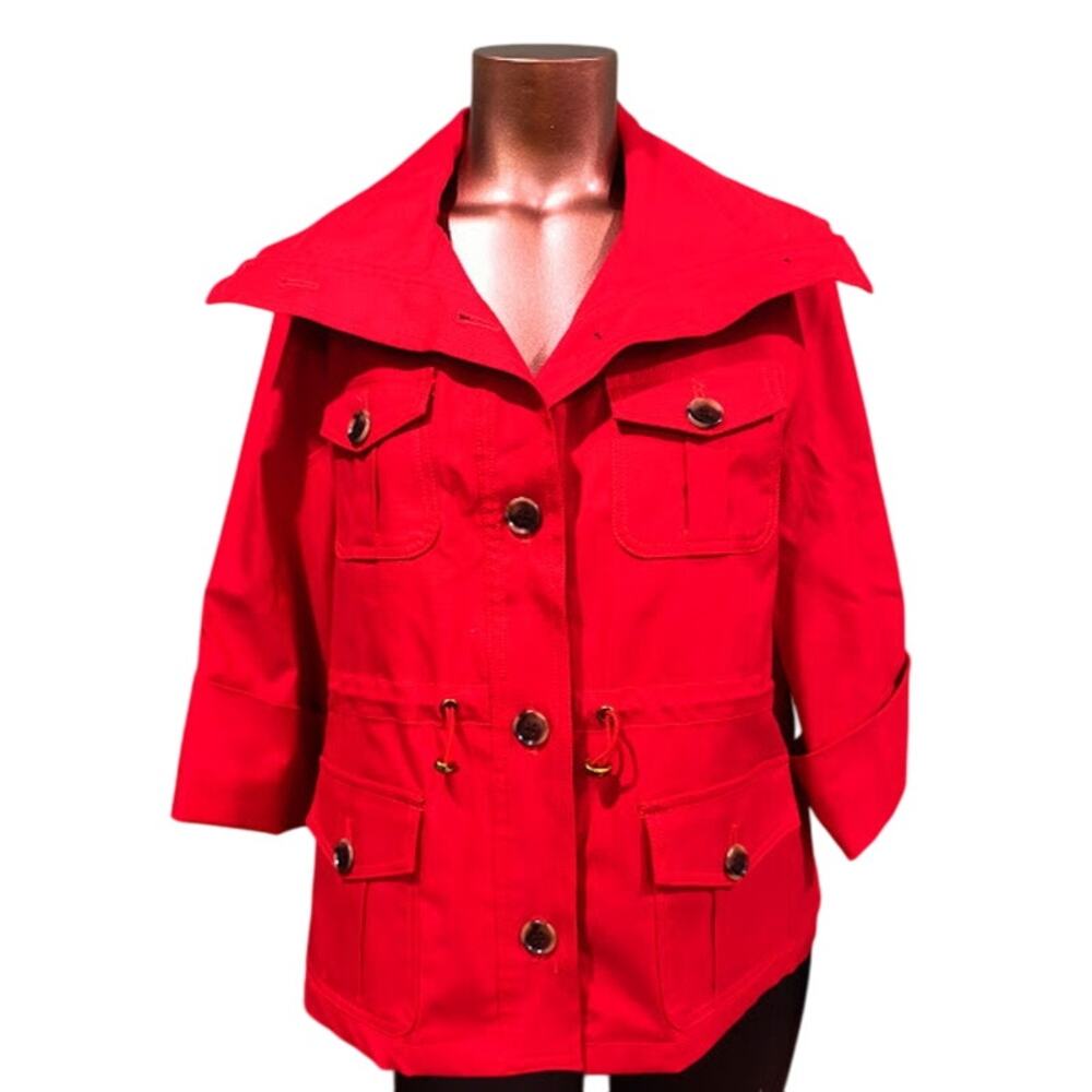 Anne Klein Cropped Trench Coat with 3/4 Sleeves, High Collar, Dark‎ Coral, Sz L